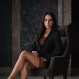 young female posing in a classic black suit