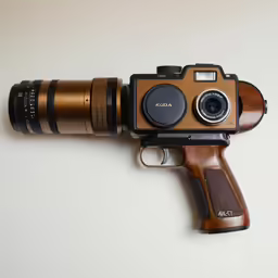 a camera attached to a wooden gun