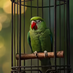 a green parrot is sitting inside a cage