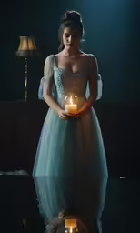 a woman in a dress with candles in her hand
