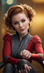 a woman with red hair wearing a black suit and red gloves
