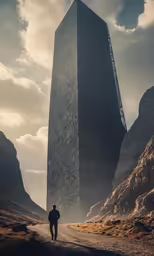 man walking alone in front of a giant monument