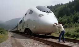 a man stands next to a sleek train