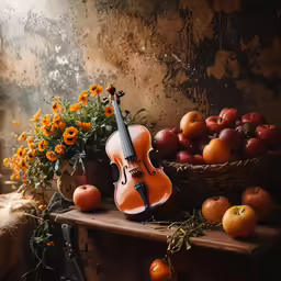 a violin sits next to several tomatoes, peaches and apples