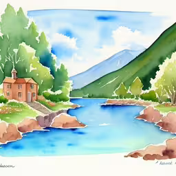 /tmp/FOOS2e9ap.jpg = a painting of a small village and mountain with water
,/tmp/FOOS2e9ap.jpg = a painting of a house next to a lake
,/tmp/FOOS2e9ap.jpg = this is a painting of a house in the hills near a river
,/tmp/FOOS2e9ap.jpg = a painting of a river running through a forest
,/tmp/FOOS2e9ap.jpg = an image of an artist work with water color
,/tmp/FOOS2e9ap.jpg = a painting shows a lake and mountain
,/tmp/FOOS2e9ap.jpg = a watercolor painting shows the house by a river
