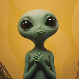 an alien like statue with eyes standing against a wall