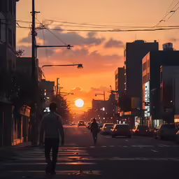 cars are lined up along the city street as the sun sets