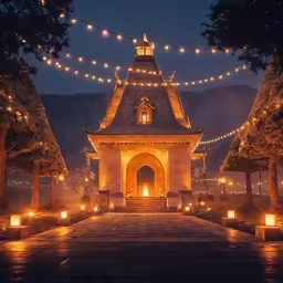 an evening photo of a building with lit lanterns