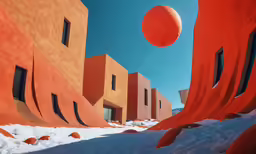 there are two large balls hanging from the roof of the buildings