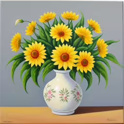 a painting of sunflowers in a vase on a table,painting of sunflowers in a white vase on a table