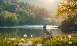 a dog sitting in the grass by the water