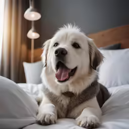 an adorable large dog with his tongue out laying on a white bed