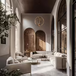 a very large living room with some big mirrors on the wall
