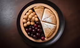 a black plate with a chocolate chip cake and fruit