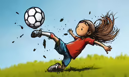 the girl is kicking the ball at the air