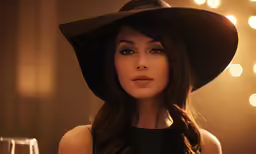 a woman wearing a wide brimmed black hat