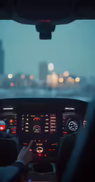 the dashboard of a modern car in traffic on a highway