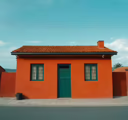 an orange building with two doors next to the road