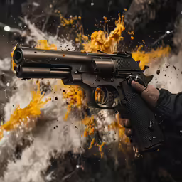 a gun exploding out of it into the air