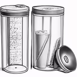 two different type of jar with compartments containing items such as a ruler, a canister and a measuring cup