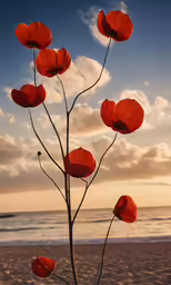 the flowers are next to the beach with a cloudy sky