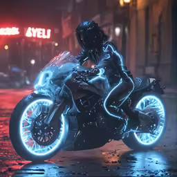 the motorcycle rider is glowing in neon light