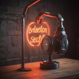 a camera is on top of a desk next to a neon sign