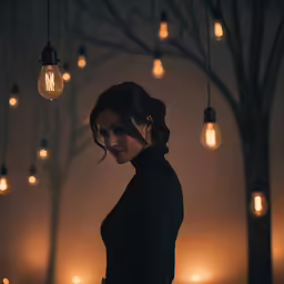 the woman is standing under light bulbs in the forest
