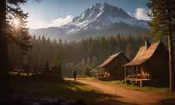 some wooden cabins with a woman standing on the side,a person is standing in a clearing near small houses