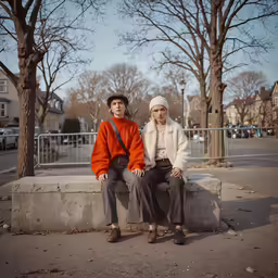 two people sitting on a stone bench and one wearing a hat