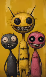 two old, ugly toys are standing next to each other
