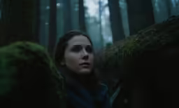 a woman with long hair is in the woods
