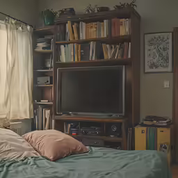 a bed and shelf with books on it in a bedroom