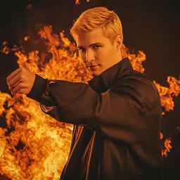 a man pointing to the right on fire background
