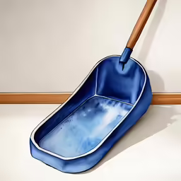 blue metal dustpan on a wood floor in a white room