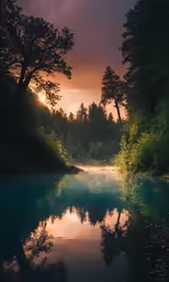 a river is surrounded by lush trees and mist