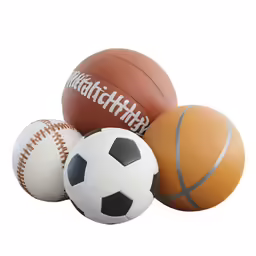 various sport balls stacked together on a white background