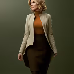 a woman is dressed in a brown jacket and skirt