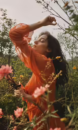 a woman with flowers in a field with pink flowers