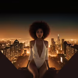 a woman is sitting on top of a building at night