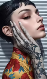 an artistic woman is holding her hands over her face