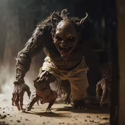 a dog running towards an evil creature that has long hair