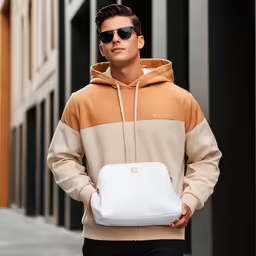 a man carrying a small white purse on his left hand