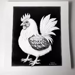 a black and white print with a chicken in the middle