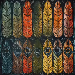 six different colored feathers are displayed together