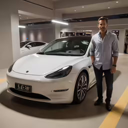 a man standing next to a white car in a showroom