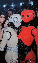 there are two women and one robot looking at it