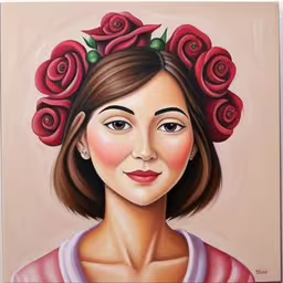 a painting with a girl and a group of roses on her head,an oil painting of a woman with red roses