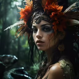 a beautiful young woman wearing leaves and flowers in her hair