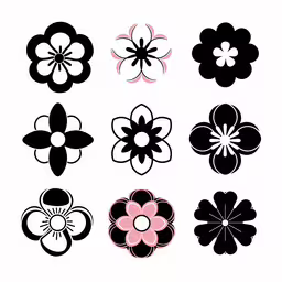 six stylized flower shapes in black and pink,an image of various flowers that can be used as a logo or wall art